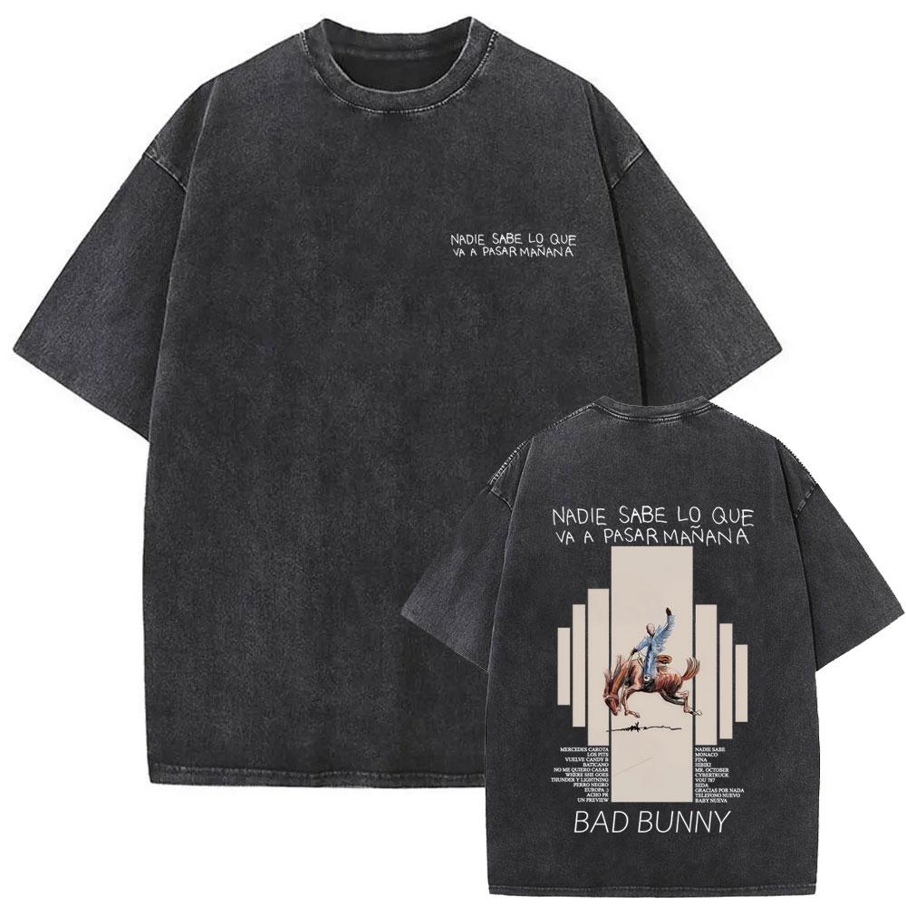 Rapper Bad Bunny Face Vintage Washed Tshirt Debi Tirar Mas Fotos DTMF World Tour  T Shirts Mens Fashion Hip Hop Tshirts