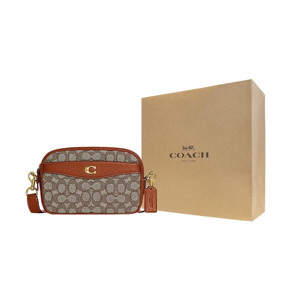 Coach Camera 23 Zip Closure External Pocket Classic Monogram Fabric With Leather Camera Bag Women Shoulder Bag Brown CC401-B4TA7