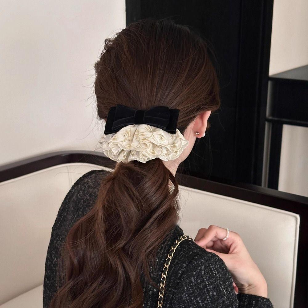 Wine Red Bowknot Spring Clip Cloth Lace Bow Hairpin Sweet Red Velvet Bow Hair Clip  Ponytail Holder