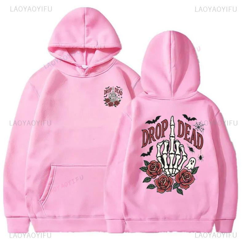 Halloween Skeleton Hoodie Drop Dead Vintage Retro Sweatshirt Spooky Season Pullover Cotton Unisex Funny Costume Party Gift