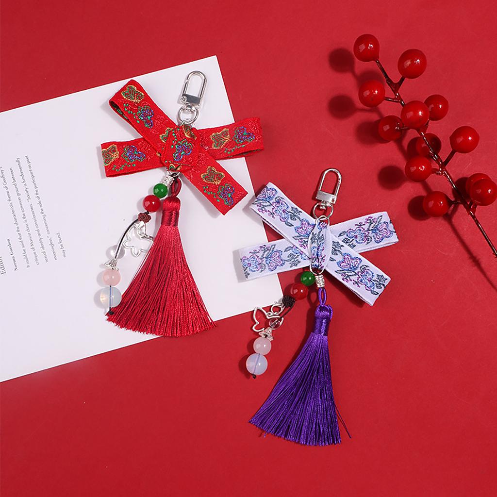 Chinese Style Bowknot Keychain Pendant with Tassels Unique Bows Beaded Keyring Women Bag Accessory for Fashion Lovers