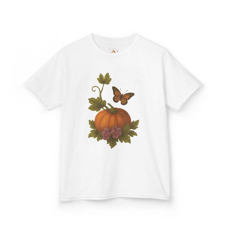 Kids Pumpkin and Butterfly T Shirt , Whimsical Cottagecore Pumpkin Tee, Vintage Style Boho Youth T Shirt, Gift for Teenagers 100