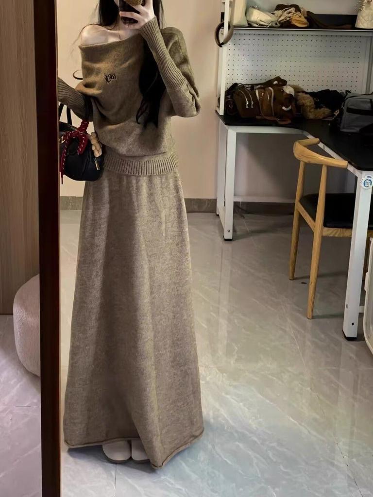 Women's Korean Spicy Off-the-Shoulder Sweater & High-Waisted Slimming Midi Skirt Set