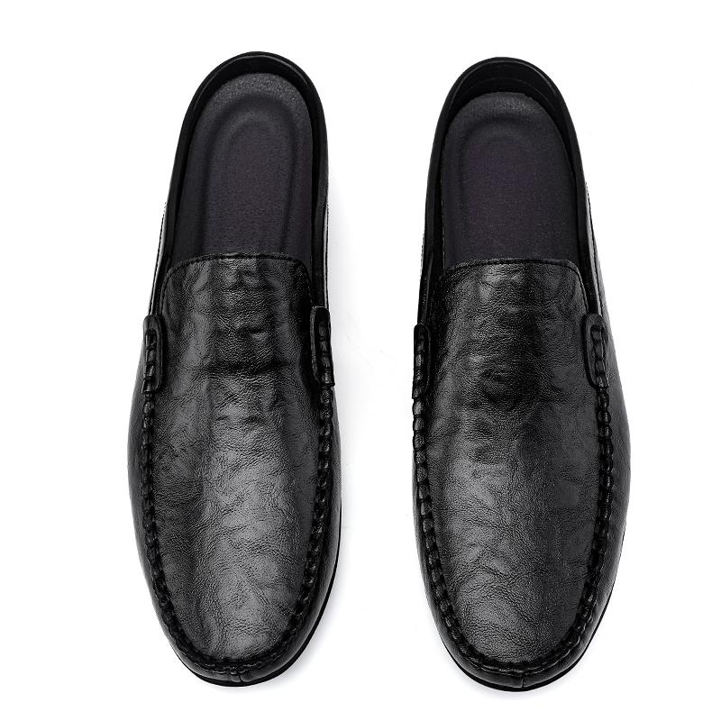 Fashion Handmade Mens Slip On Flats Classic Breathable Men's Half Slippers Genuine Leathe Male Muller Shoes Male Comfy Flats Lazy Shoes