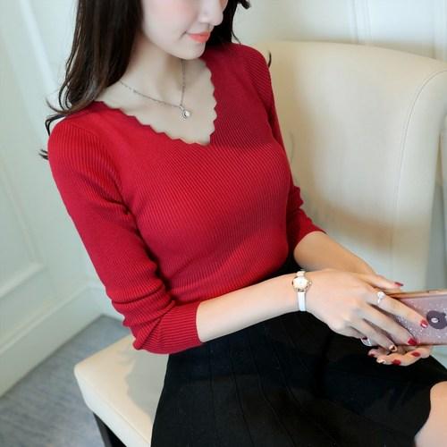 2023 Autumn Long Sleeve Sweater Women Winter Spring Pullover Solid Black White Knitted Sweater Top Wave Cut V-neck Basic Office