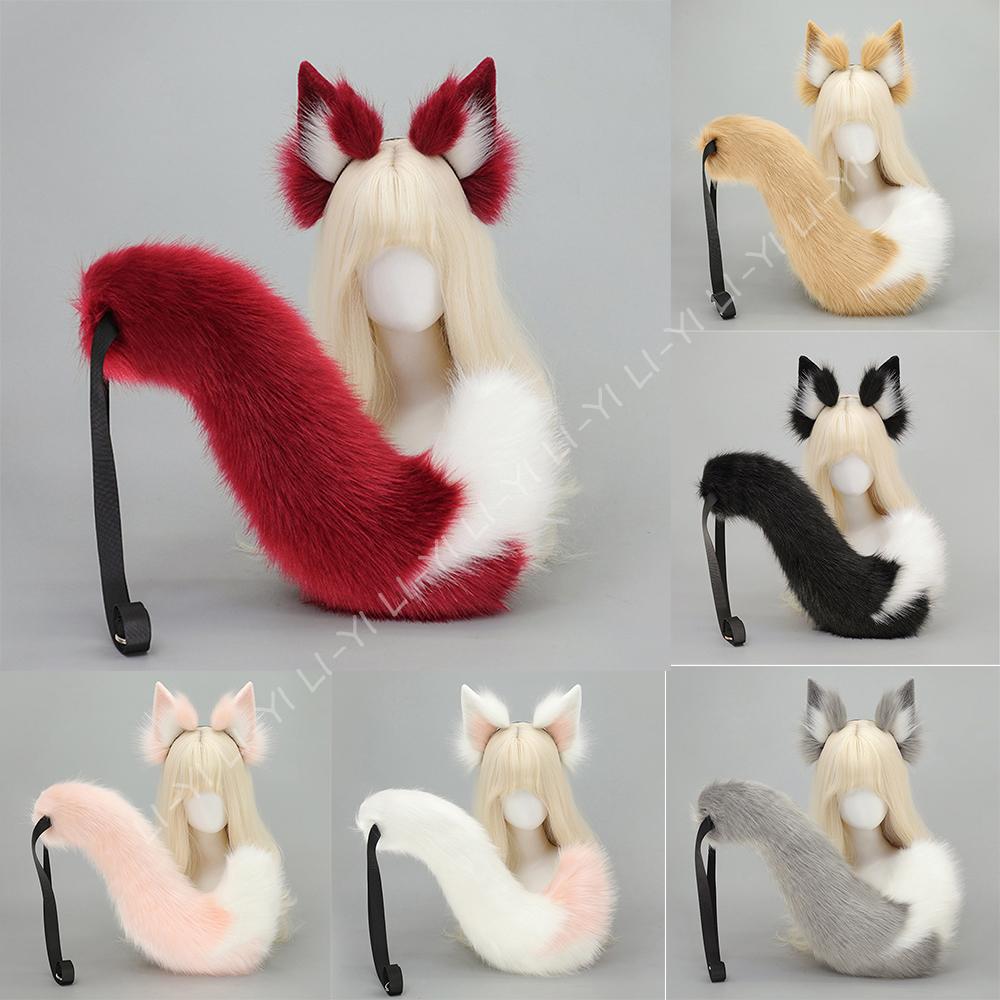 Yiran Sexy Lingerie Unisex Handcrafted Kitsune Fox Ears Headband & Tail Set - Fluffy Faux Fur Animal Cosplay Props For Anime, Halloween Costume Accessories Cm