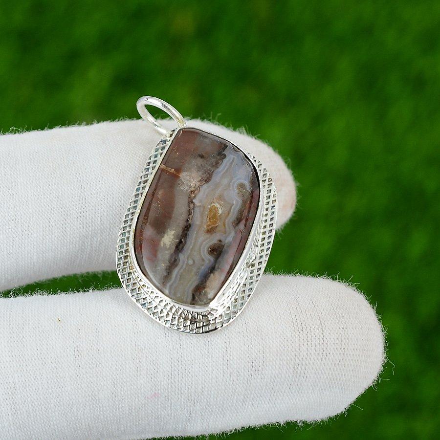 925 Silver Marquise Natural Mexican Laguna Lace Agate Mother Bezel Boho Pendant