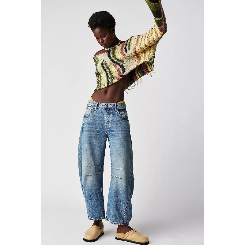 New Women's Vintage Washed Wide Leg Jeans, Mid-Low Rise Loose Fit Denim Pants, Retro Fashion Casual Trousers for Daily Wear