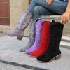 Retro Single Boots Autumn New New Round Toe Embroidered Sleeve Non-Slip Wear-Resistant Block Heel Tall Boots
