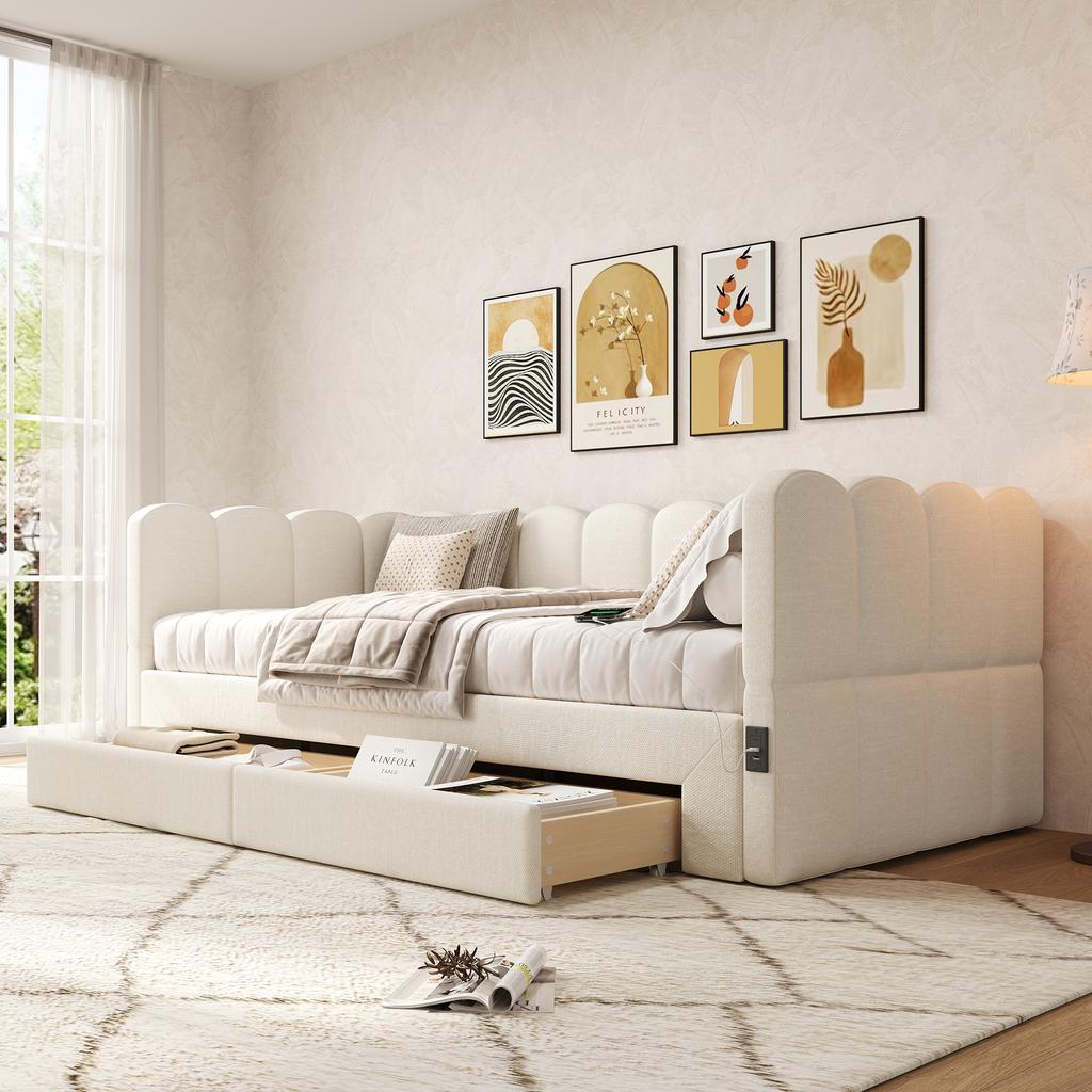 Upholstered Bed, Daybed, Sofa Bed, with 2 Drawers for Storage, Sleeper Sofa, Day Bed 90x190 cm, Extendable to 180 cm, with USB Port, Beige Linen