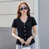Women's New Summer Short Sleeve Solid Color V Neck Button Cardigan Top
