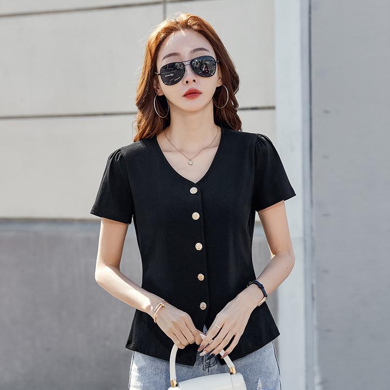 Women's New Summer Short Sleeve Solid Color V Neck Button Cardigan Top