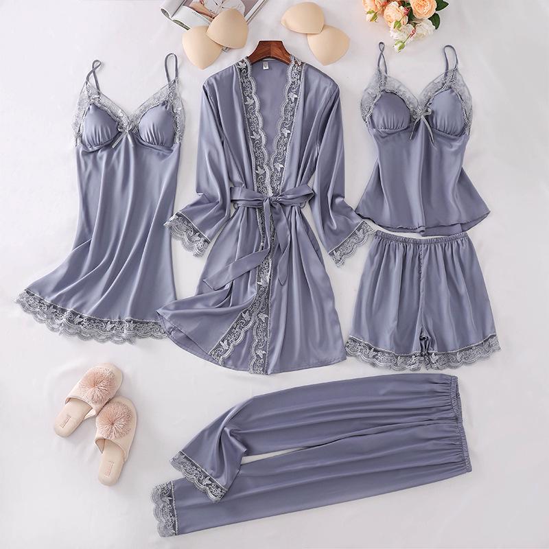 Conjunto de Pijama de Seda e Renda para Mulher - 5 Peças com Camisola de Manga Comprida, Camisola e Shorts para Primavera, Verão e Outono