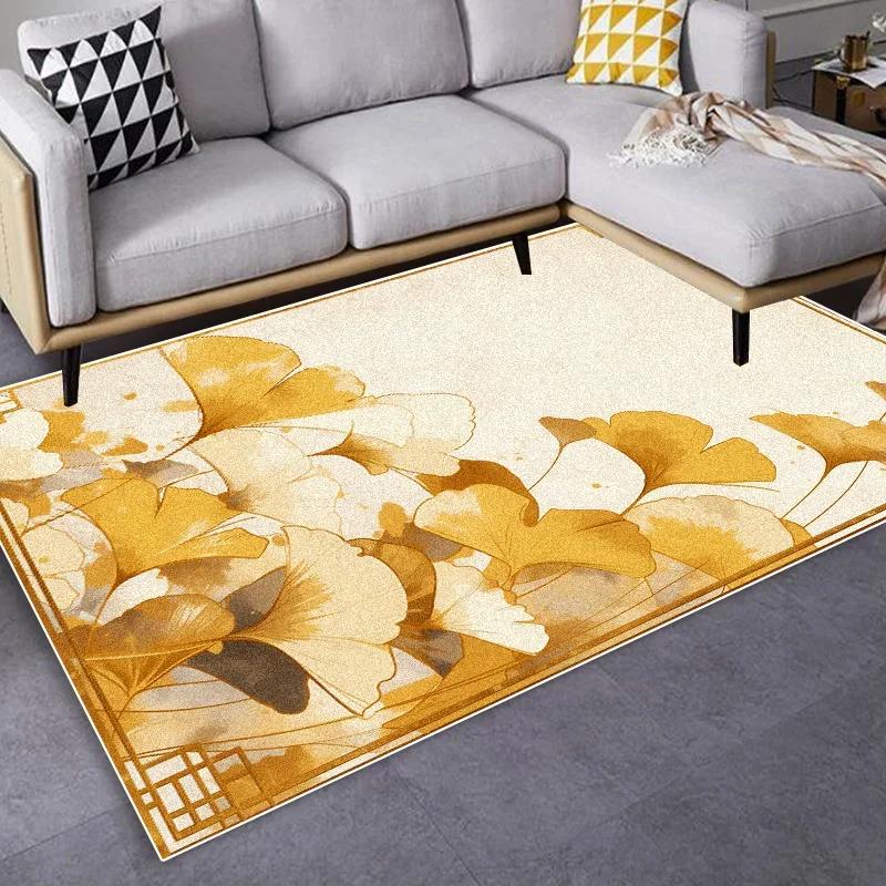 Luxury Nordic Golden Floral Rug - Soft Fluffy Non-Slip Washable Carpet for Living Room Sofa Side Bedroom Mat for Home Office