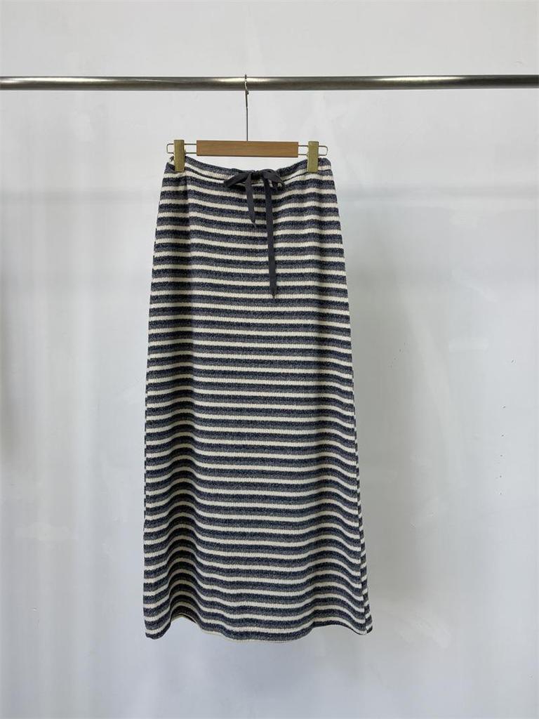 2025 Autumn/Winter Women's Korean Long Tie-Waist Striped Half Brushed Skirt