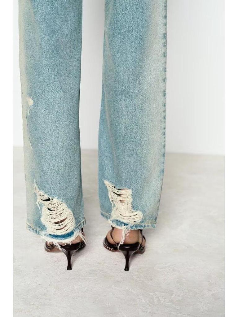 2024 Autumn Women's Distressed Mid-Waist Straight-Leg Jeans - French-Inspired European & American Fashion Trend