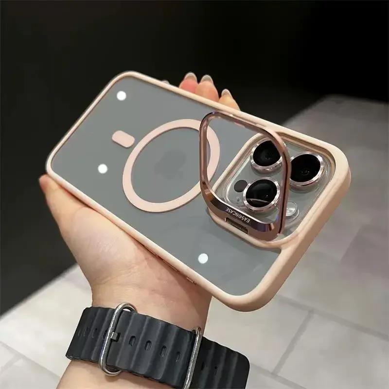 Magnetic Lens Metal Ring Stand Phone Case For IPhone 13 11 12 14 15 Pro Max Lens Glass Film Protection Transparent Magsafe Cover