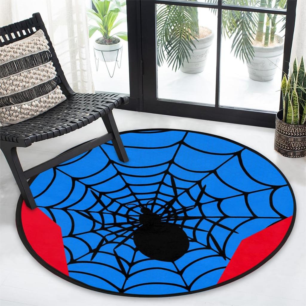 Spinnennetz Superheld Runder Teppich Blau mit Roten Akzenten für Jungenzimmer Dekoration