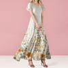 Women's Summer Floral Print V Neck Short Sleeve Maxi Dress Flowing A-Line Maxi Dress Bohemian Holiday Beach Dress