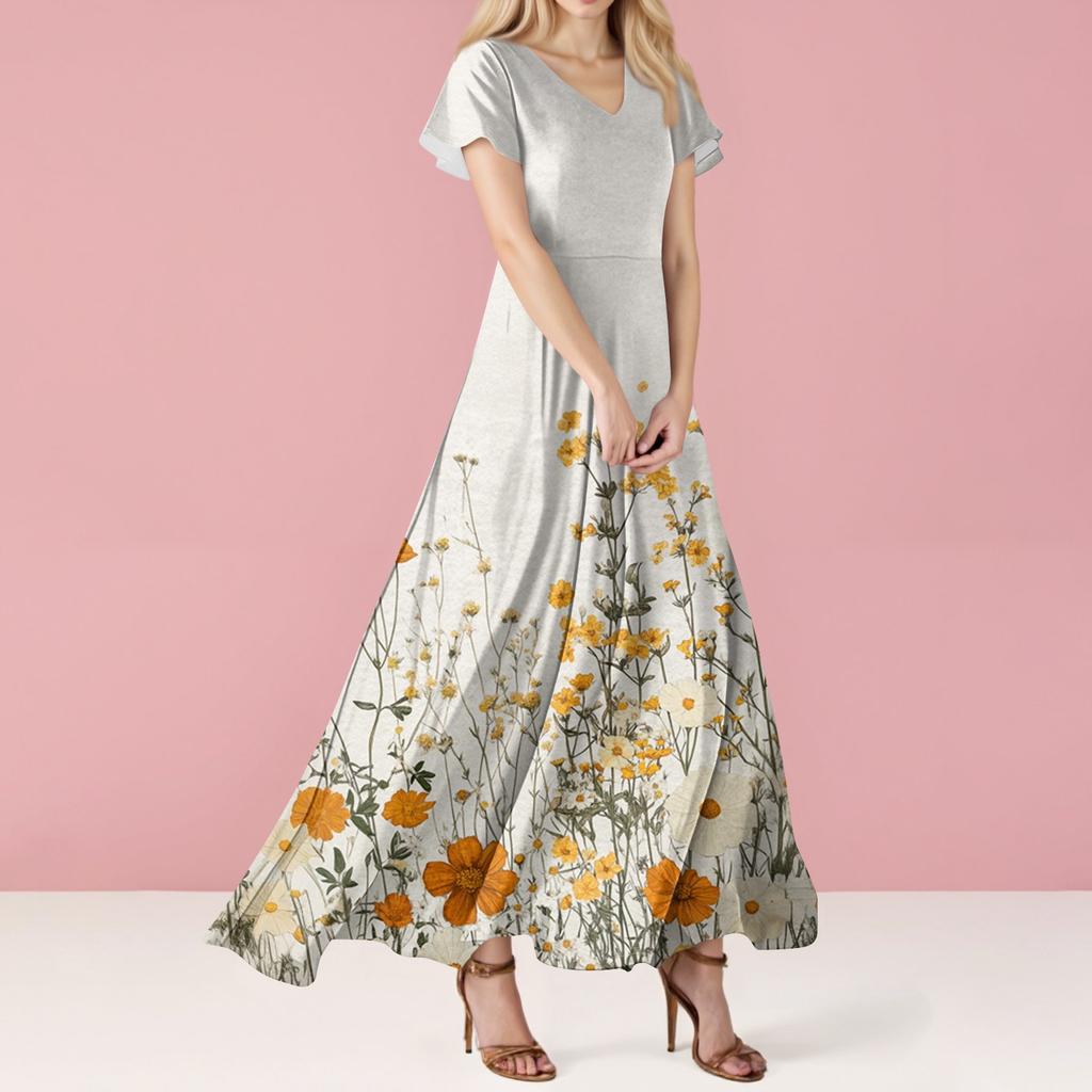 Women's Summer Floral Print V Neck Short Sleeve Maxi Dress Flowing A-Line Maxi Dress Bohemian Holiday Beach Dress