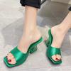 Summer Green Women's Shoes Slippers Silky Wide Band Transparent Strange High Heels Comfortable PU Leather Slides Sandals Pumps