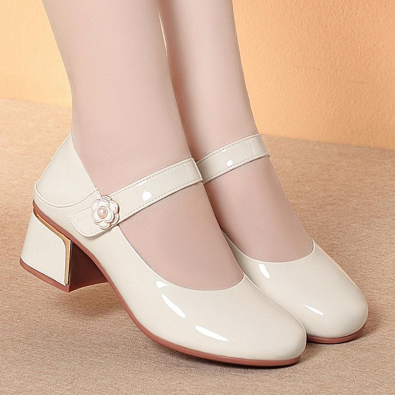 4cm British Style Shallow Mouth Breathable Bright Leather Shoes Mary Janes 2025 Spring Med Block Heels Shoes for Office Mom Work
