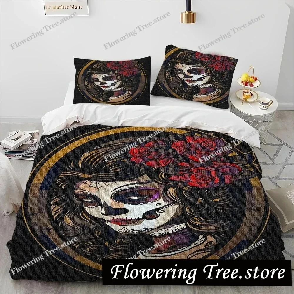 3D Horror Gothic Vrouwelijke Schedel Dood Meisje Dekbedovertrek Beddengoedset, Dekbedovertrek Bedset Quiltovertrek Kussensloop, Queen Size Beddengoedset