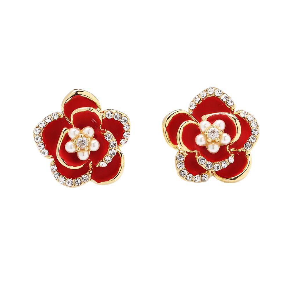 Classic black red oil drop rose stud earrings temperament diamond set imitation pearl flower 925 silver needle earrings women's