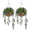 Set of 2 Decorative Artificial Plants, Faux Silk Lavender Flowers In Hanging Baskets, Fake Plants for Home Indoor Outdoor Decor, Purple