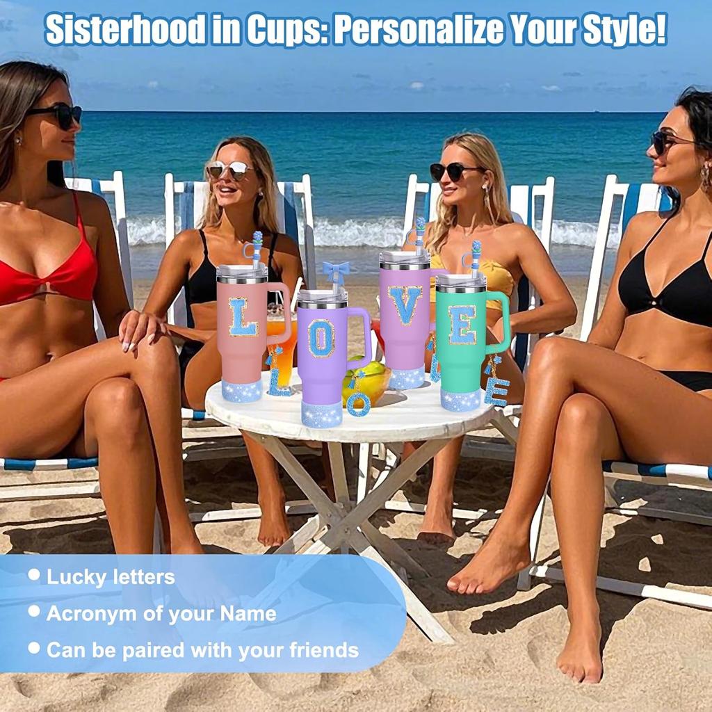 AIERSA Blue Cup Accessories Set for Stanley Cup 40 30 oz Tumbler with Handle, Cup Charms Decorations with Flower Straw Cover Topper Cap, Initial
