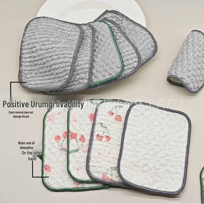Double Layer Thickened Absorbent Dishcloth with Oil-Repellent Scouring Pad and Silver Thread for Pot Cleaning