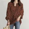 Women's 2024 Puff Sleeve V-Neck Printed Long Blouse with Elastic Waist