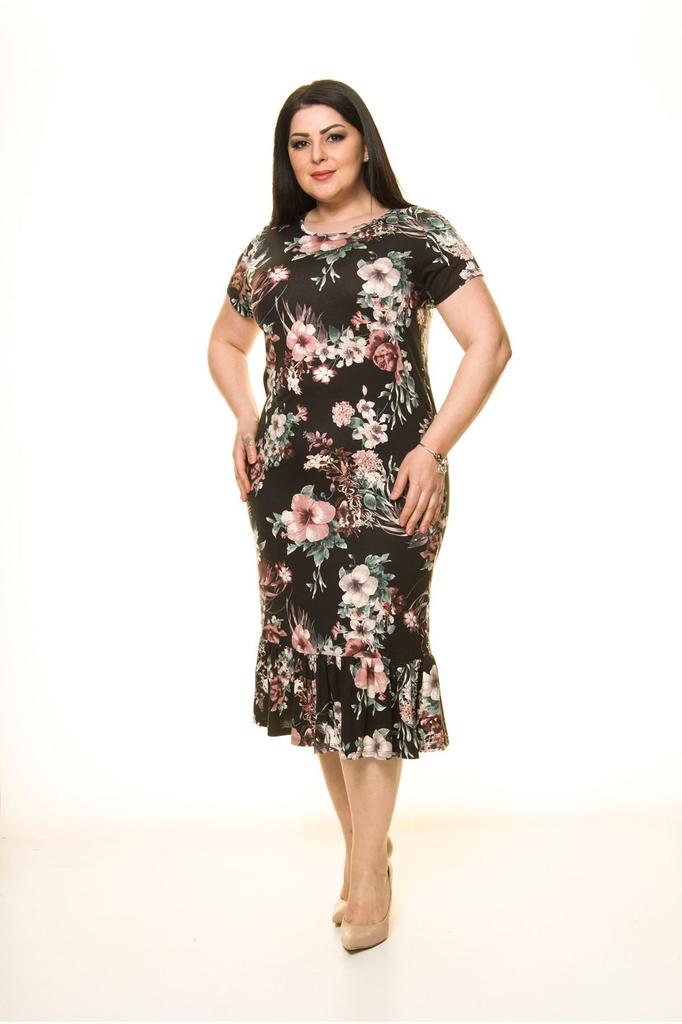 Damen Große Größen Kleid Schwarz Plus Size Gemustertes Kleid 8E-1744