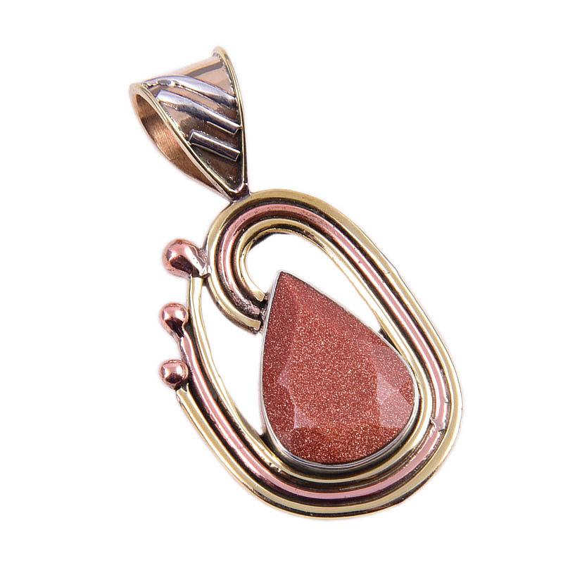 Natural Sunstone Gemstone 925 Solid Sterling Silver Two Tone Pendant 1.50'' i8H46