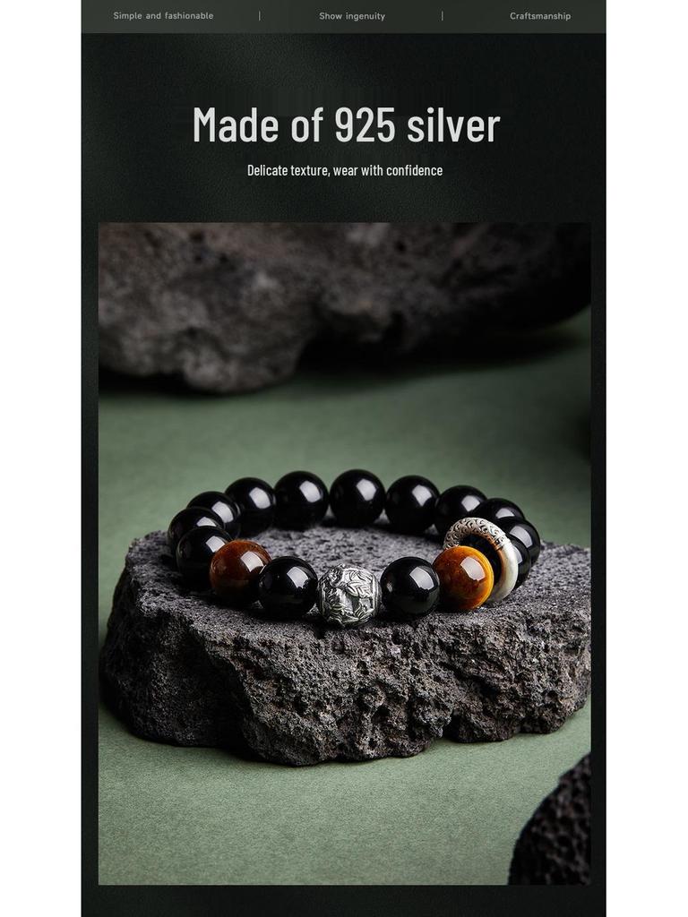 Min Yue S925 Sterlingsilber Sicherheitsverschluss Herren Obsidian & Goldener Tigerauge Perlen Retro Armband - Hochwertiges Geschenk für Freund