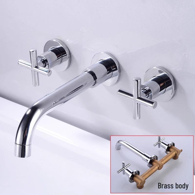 Wall-Mounted Double Handle Copper Basin Faucet with Integrated Three-Hole Design