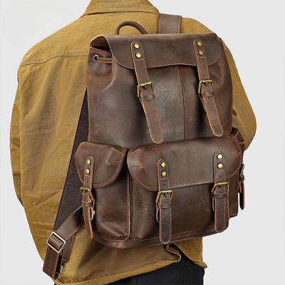 Mochila de Viagem Multifuncional Masculina Retro de Couro Genuíno para Exterior