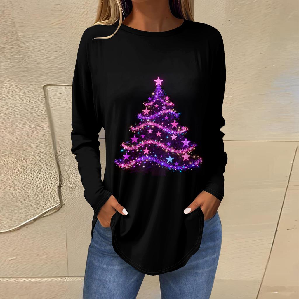 Dames Losse Comfortabele Casual Mode V-Hals Kerstprint Lange Mouw Hoodie