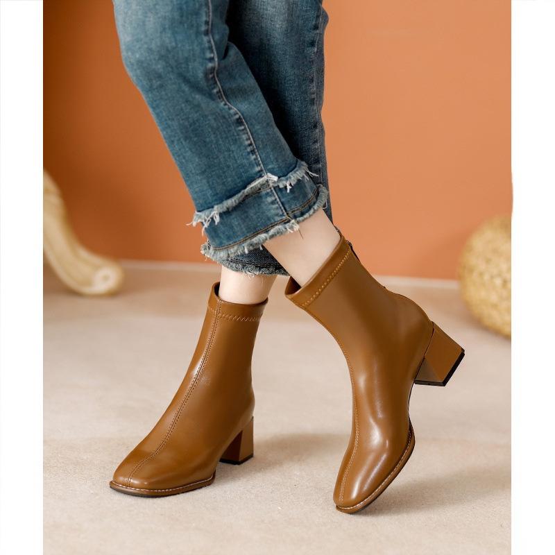 2025 new thick heel short boots women's French square head spring and autumn single boots fashion medium tube thin boots black high heel boots