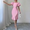 Women's Short Puff Sleeve Bodycon Dresses Crew Neck Ruffle Mermaid Hem Dress Cocktail Wedding