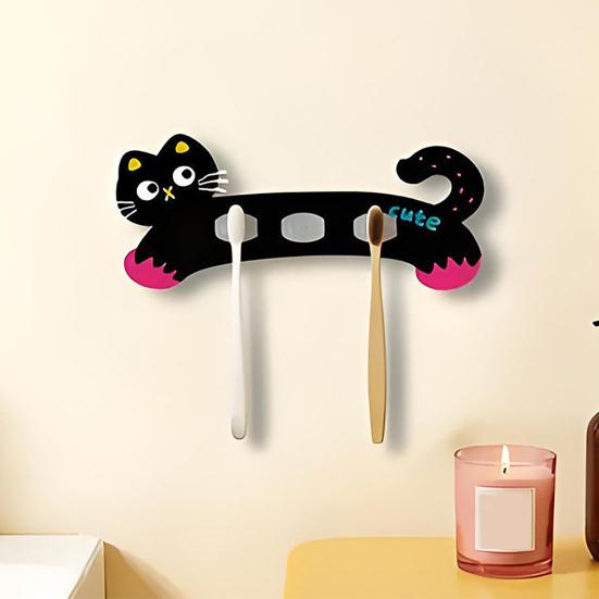Toothbrush Holder, Wall-Mounted Cat Shape, with 3 Slots No-Drill Installation Organizer, Strong Adhesive Storage Rack for Bathroom