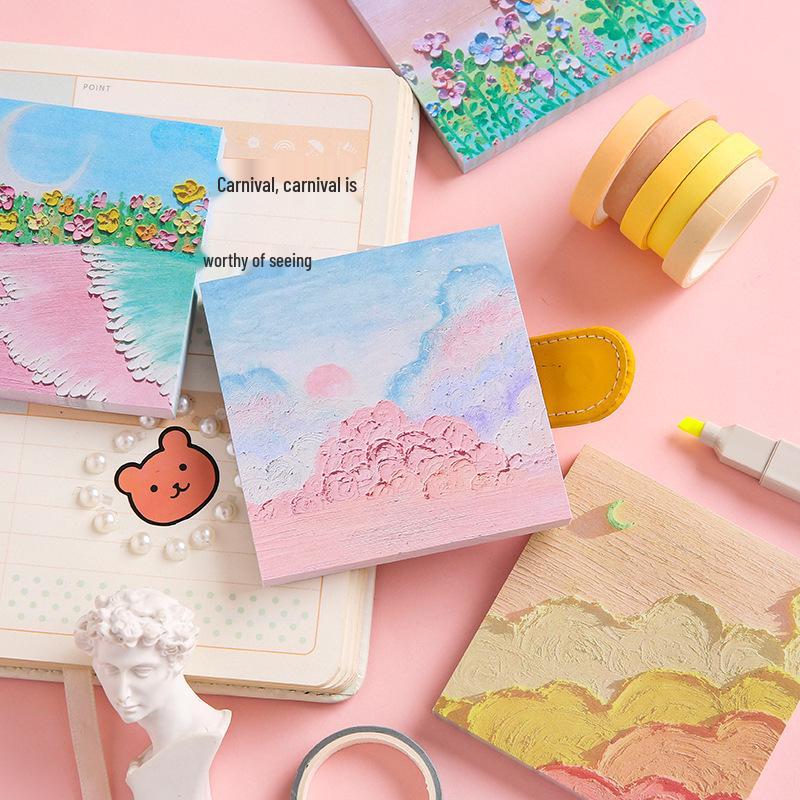 High-Value Ins-Style Oil Painting Sticky Notes, Attachable Message Cards for University/High School, Cute Sticky Notes