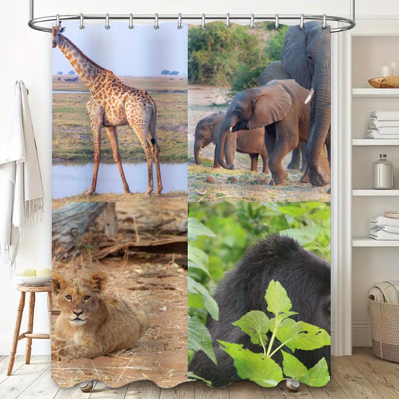 Animal Kingdom Shower Curtain Wildlife Safari Decor for Bathroom Printed Fabric Waterproof Bath Mat Set with Hooks 3D Print Desi
