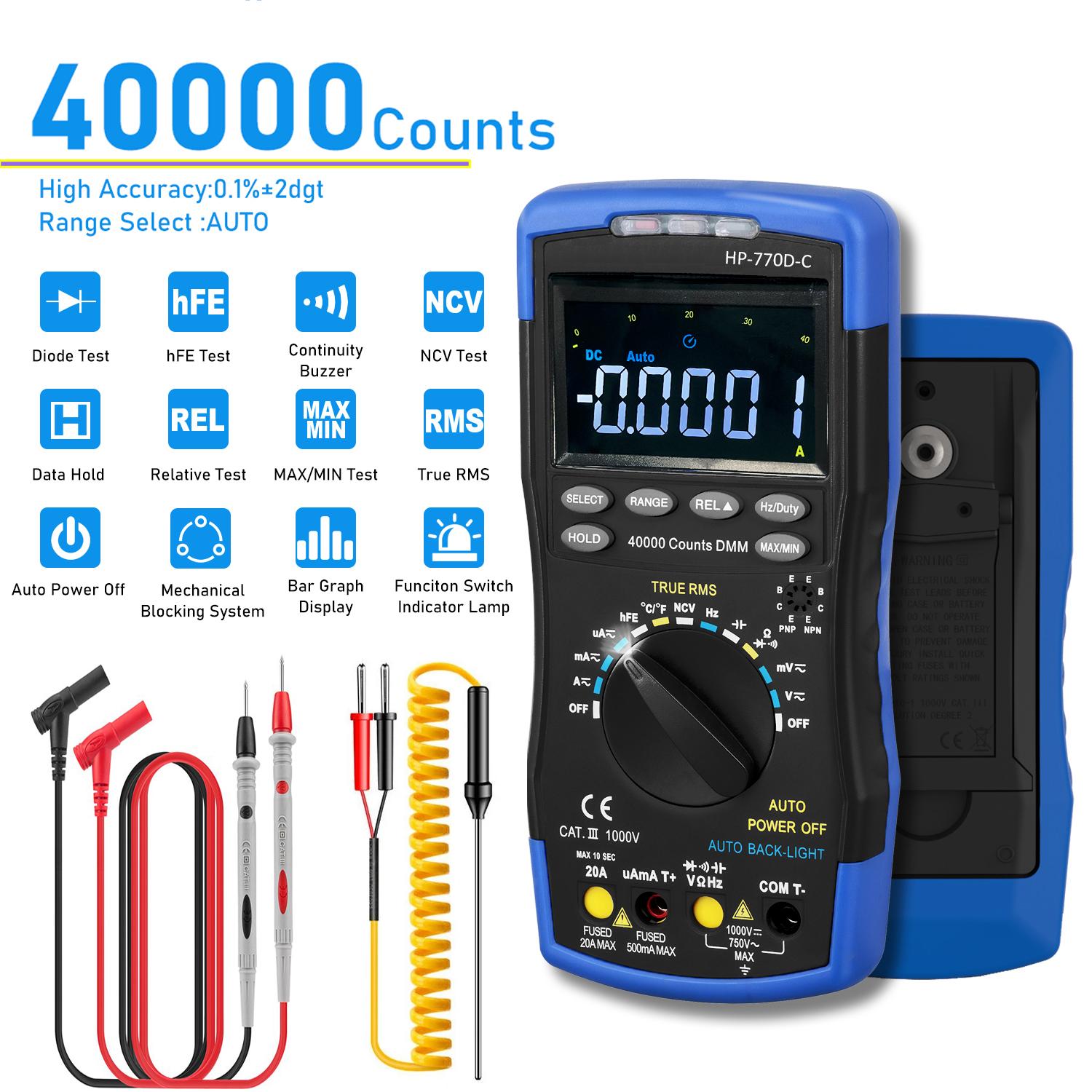 

Цифровий мультиметр HoldPeak LCD, 40000 відліків True RMS Auto Range Multimetro Measure, AC DC Ом Volt Amp Tester Capacitor Tester, 770D-C
