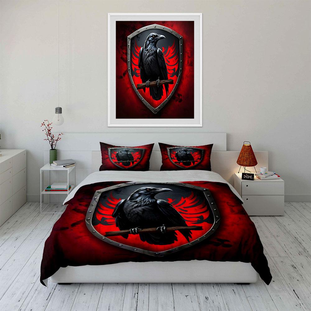 Schwarzes Raben-Schild-Design Druck Bettwäsche-Set 1 Bettbezug 2 Kissenbezüge für Erwachsene und Kinder Luxuriöses Geschenk Vollgröße
