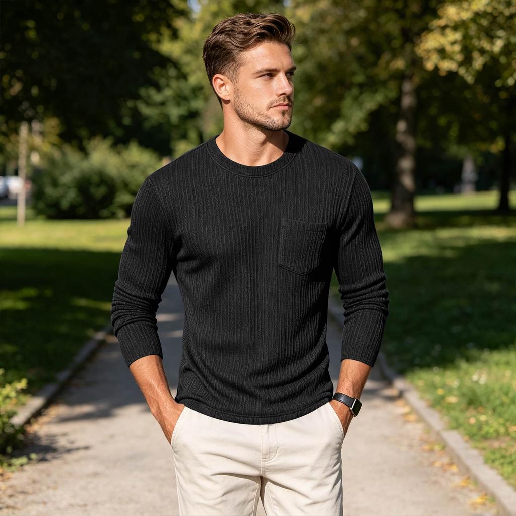 Men's Round Neck Casual Color Knit Base Layer Shirt with Pocket for Everyday Layering