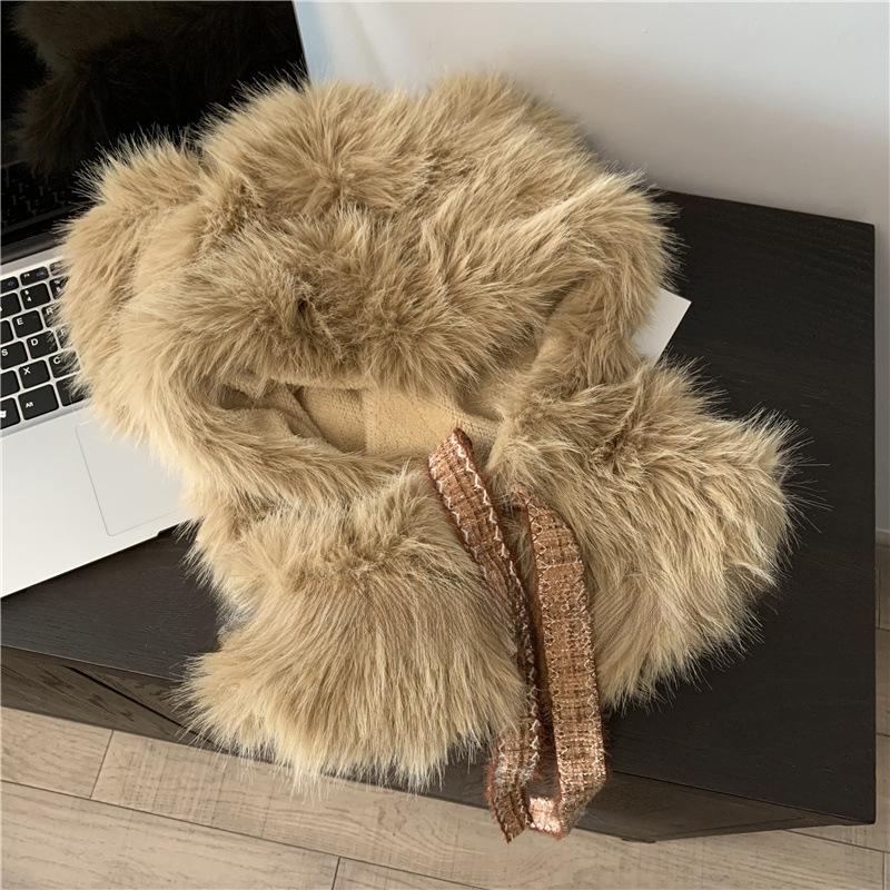 

Cute Thick Plush Bear Scarf for Women In FallSeason and ColdSeason Korean Version Versatile Ear Protection Outside Cold Warm Hat one size