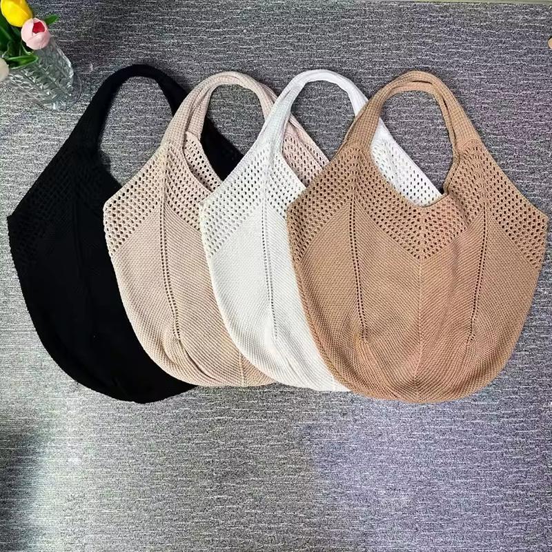 Yogodlns Casual Hollow Women Shoulder Bag Solid Color Large Capacity Summer Woven Beach Bag Foldable Handmade Crochet Tote Bag