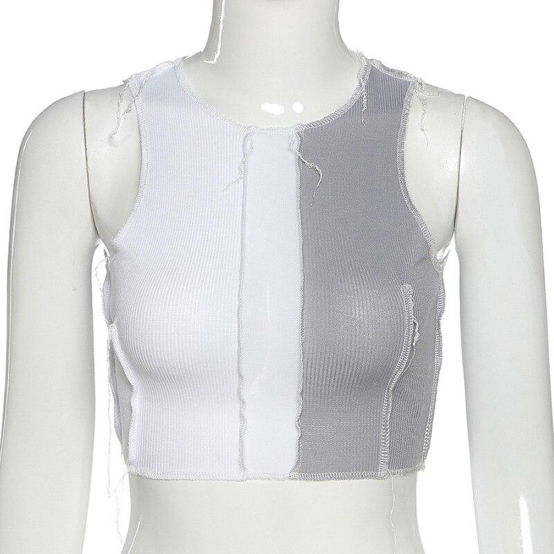 Women’s Summer Color Patchwork Vest Fashion Round Neck Exposed Navel Sleeveless Bottoming Top Ladies Slim Casual Tank Top