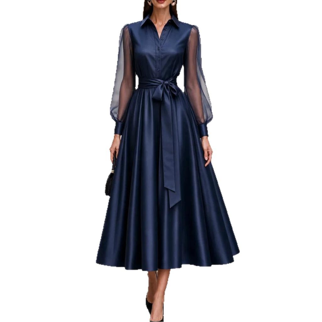 Women’s Long-Sleeved Mesh Dress  A-line Full-Skirted Long Dress – Formal Evening Gown